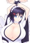  1girl arms_up black_hair blue_eyes breasts choker cleavage hair_ornament hairclip highres huge_breasts iroha_(samurai_spirits) japanese_clothes large_breasts maid maid_headdress open_mouth sakura_kouji samurai_spirits short_hair snk solo 