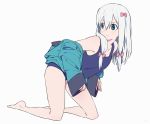  1girl bangs bare_legs barefoot blue_eyes blue_swimsuit blush bow closed_mouth collarbone eromanga_sensei eyebrows_visible_through_hair grey_background hair_between_eyes hair_bow izumi_sagiri jacket kneeling long_hair looking_back open_clothes open_jacket pink_bow school_swimsuit simple_background sleeves_past_wrists sohin solo swimsuit thighs white_hair 