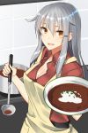  1girl apron black_belt borscht_(food) bowel breasts cleavage commentary_request cooking food gangut_(kantai_collection) hair_between_eyes hair_flaps hair_ornament hairclip highres kantai_collection kitchen ladle large_breasts long_hair looking_at_viewer open_clothes open_mouth open_shirt orange_eyes pallad pot red_shirt scar shiny shiny_hair shirt silver_hair solo tiles 