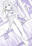  1girl :q barefoot blush dutch_angle feet full_body licking_lips long_hair looking_at_viewer monochrome on_bed original pov_feet sitting sitting_on_bed sketch smile soles solo toes tongue tongue_out yoropa 