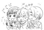  3boys :d cellphone closed_eyes freckles hat ji_guang-hong leo_de_la_iglesia male_focus monochrome multiple_boys oimo_mushi open_mouth phichit_chulanont phone smartphone smile yuri!!!_on_ice 