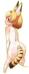  1girl animal_ears ass barefoot bent_over blonde_hair blush brown_eyes eyebrows_visible_through_hair from_above from_behind full_body kemono_friends kouda_tomohiro nude parted_lips profile serval_(kemono_friends) serval_ears serval_tail solo striped_tail tail tan tanline twitter_username white_background 