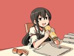 1girl adrian_ferrer akagi_(kantai_collection) black_hair brown_eyes commentary drooling food gloves gloves_removed japanese_clothes kantai_collection muneate open_mouth partly_fingerless_gloves sandwich smile solo submarine_sandwich upper_body wrapper yugake 