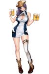  1girl alcohol asymmetrical_legwear bare_shoulders beer beer_mug blush boots breasts character_request cleavage cowboy_boots dress full_body gang_of_heaven hat holding large_breasts long_hair looking_at_viewer masami_chie official_art short_dress smile solo transparent_background turtleneck white_legwear 