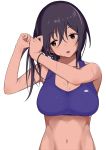  1girl absurdres adjusting_hair black_hair breasts brown_eyes cleavage commentary_request eyebrows_visible_through_hair hair_between_eyes highres iwadamai large_breasts nail_polish navel open_mouth original simple_background solo sports_bra sweat tying_hair upper_body white_background 