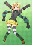  1girl :d akatsuki_kirika arm_warmers bangs black_shirt blonde_hair brown_shoes buckle checkered checkered_background commentary_request eyebrows_visible_through_hair full_body green_background green_eyes hair_ornament jewelry jumping layered_skirt legs_apart necklace open_mouth pendant plum_(arch) scarf senki_zesshou_symphogear shirt shoes short_hair short_sleeves skirt smile solo star striped striped_legwear striped_scarf tareme thigh-highs x_hair_ornament yellow_skirt zettai_ryouiki 