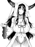  1girl bare_shoulders breasts cleavage closed_mouth collarbone cowboy_shot detached_sleeves erect_nipples facial_mark fate/extra fate/extra_ccc fate_(series) forehead_mark fuantei greyscale horns large_breasts long_hair long_sleeves looking_at_viewer micro_panties monochrome navel panties sesshouin_kiara sidelocks smile solo stomach underwear veil wide_sleeves 