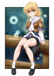  1girl arm_warmers arms_at_sides bangs black_shoes black_skirt blonde_hair blush bobby_socks breasts closed_mouth eyebrows_visible_through_hair fence full_body green_eyes highres looking_at_viewer medium_breasts mizuhashi_parsee ootsuki_wataru out_of_frame pointy_ears scarf shoes short_hair sitting sitting_on_fence skirt socks solo touhou wavy_mouth white_legwear white_scarf 
