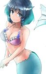  1girl alternate_costume bare_arms bare_shoulders bikini bikini_top blue_eyes blue_hair breasts cleavage closed_mouth collarbone fish_tail head_fins highres looking_at_viewer medium_breasts mermaid monster_girl purple_bikini_top ringlets shell short_hair solo stomach swimsuit touhou wakasagihime y2 