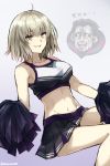  1boy 1girl alternate_costume bare_shoulders black_eyes black_hair blonde_hair blue_background blush breasts caster_(fate/zero) cheerleader fate/grand_order fate_(series) groin jeanne_alter large_breasts midriff navel open_mouth pom_poms ruler_(fate/apocrypha) short_hair skirt smile solo_focus somechime_(sometime1209) tears teeth twitter_username yellow_eyes 