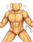  :3 abs animal_ears cai_geng card_captor_sakura closed_mouth collarbone cowboy_shot gluteal_fold kero looking_at_viewer muscle nude simple_background smile solid_circle_eyes tail toned toned_male veins what white_background white_wings wings 