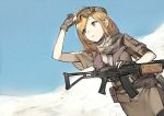  1girl adjusting_goggles assault_rifle bangs belt belt_pouch breasts brown_eyes brown_hair desert dog_tags duoyuanjun dutch_angle earrings ears eyebrows_visible_through_hair galil_(girls_frontline) girls_frontline gloves goggles goggles_on_head gun imi_galil jewelry long_hair looking_away looking_up medium_breasts military military_uniform outdoors pantyhose parted_bangs pouch rifle scarf shemagh short_sleeves side_slit skirt solo uniform weapon 