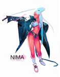  1girl black_panties blue_eyes breasts character_name facial_mark forehead_mark full_body japanese_clothes katana legs looking_to_the_side medium_breasts nima_(ross_tran) nose open_clothes original panties red_skin ross_tran socks solo sword underwear weapon white_hair 