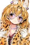  1girl :3 animal_ears breasts cleavage close-up commentary earrings eyebrows_visible_through_hair fur_coat gloves hair_between_eyes head_tilt highres jewelry kemono_friends necklace orange_eyes orange_hair pearl_earrings pearl_necklace serval_(kemono_friends) serval_ears serval_print short_hair solo sunglasses upper_body white_gloves zinbei 