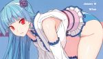 1girl bent_over blue_hair flower hair_flower hair_ornament hairband japanese_clothes long_hair looking_at_viewer obi red_eyes ring_dream sash solo wrestling_outfit yuki_onna_(ring_dream) 