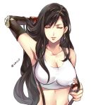  1girl armpits artist_name breasts brown_hair cleavage closed_eyes commentary_request earrings final_fantasy final_fantasy_vii holding holding_hair jewelry large_breasts lips long_hair simple_background solo suspenders_pull tama_(tmfy5) tank_top tifa_lockhart upper_body white_background 