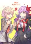  2girls bb_(fate/extra_ccc) clenched_hands english fate/extra fate/extra_ccc fate/grand_order fate_(series) glasses hair_over_one_eye hand_on_own_chin highres multiple_girls necktie purple_hair ribbon shielder_(fate/grand_order) smug violet_eyes vs wavy_mouth 