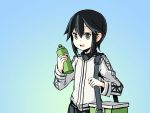  1girl adrian_ferrer bottle commentary cooler gradient gradient_background hayasui_(kantai_collection) jacket kantai_collection open_mouth sidelocks smile solo track_jacket upper_body water_bottle 