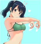  1girl alternate_costume aqua_background aqua_bikini bare_arms bare_shoulders bikini blue_eyes blue_hair bow breasts cleavage hair_between_eyes hair_bow highres kantai_collection large_breasts light_smile looking_at_viewer masukuza_j midriff navel outstretched_arms short_twintails souryuu_(kantai_collection) swimsuit twintails under_boob upper_body 
