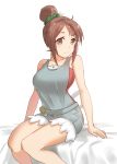  1girl brown_eyes brown_hair hair_bun highres looking_at_viewer sakura_quest scrunchie sendrawz shinomiya_shiori sitting smile solo white_background 