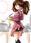  1girl apron bowl brown_eyes brown_hair commentary_request fang from_behind harusame_nuko japanese_clothes kantai_collection kariginu kneehighs ladle looking_back miniskirt pleated_skirt ribbon-trimmed_sleeves ribbon_trim ryuujou_(kantai_collection) skirt smile solo twintails 