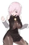  1girl bare_shoulders black_legwear blush breasts collar cosplay fate/extra fate/extra_ccc fate/grand_order fate_(series) hair_over_one_eye highres jacket large_breasts mitsudoue o-ring open_clothes open_jacket open_mouth pantyhose passion_lip passion_lip_(cosplay) purple_hair shielder_(fate/grand_order) short_hair simple_background solo violet_eyes white_background 
