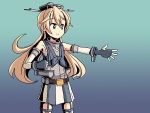  1girl adrian_ferrer alternate_breast_size belt blonde_hair blue_eyes clenched_hand flat_chest front-tie_top garter_straps gloves gradient gradient_background headgear iowa_(kantai_collection) kantai_collection long_hair multicolored multicolored_clothes multicolored_gloves skirt smile solo star star-shaped_pupils striped striped_skirt symbol-shaped_pupils thigh-highs 