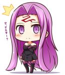  /\/\/\ blush boots busoushinkimms chibi collar dress elbow_gloves facial_mark fate/stay_night fate_(series) gloves long_hair purple_hair rider sleeveless strapless strapless_dress surprised thigh-highs thigh_boots translated very_long_hair violet_eyes 