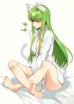  1girl animal_ears annoyed bare_legs barefoot blush breasts buttons c.c. cat_ears cat_tail cleavage code_geass collared_shirt commentary_request creayus dress_shirt eyebrows_visible_through_hair feet full_body green_hair legs_crossed long_hair naked_shirt pout shiny shiny_hair shirt simple_background sitting sleeves_past_wrists small_breasts soles solo tail toes white_shirt yellow_eyes 