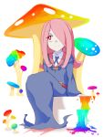  1girl belt blue_necktie closed_mouth collared_shirt flipped_hair full head_tilt highres little_witch_academia long_hair long_sleeves looking_away mushroom necktie paint pink_hair red_eyes robe shirt sitting smile solo stairs sucy_manbavaran tei-o white_background white_shirt wing_collar 