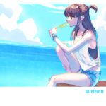  1girl brown_hair clouds denim denim_shorts food kagari_atsuko little_witch_academia long_hair milk_puppy ocean popsicle red_eyes shorts sitting summer sweatdrop tank_top wristband 