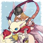  1girl absurdres angel_wings angewomon artist_request asymmetrical_clothes bare_shoulders blonde_hair blue_eyes cat choker claws creature digimon digimon_adventure gloves hat head_wings helmet highres jewelry long_hair multiple_wings no_humans print_gloves red_scarf ribbon ring santa_hat scarf smile snow tailmon thigh_strap wings yellow_gloves 