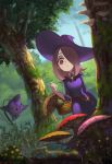 1girl basket big_eyes day forest from_below glowing hair_over_one_eye hat highres lavender_hair little_witch_academia looking_down mushroom nature outdoors plant red_eyes robe sendrawz smile solo sucy_manbavaran tower tree witch witch_hat 