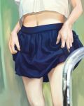  1girl absurdres arms_at_sides blouse blue_skirt coco_jang highres midriff navel original out_of_frame photo_reference pleated_skirt skirt skirt_grab skirt_pull stomach white_blouse 