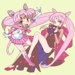  adult bishoujo_senshi_sailor_moon black_lady boots chibi_usa circlet double_bun dress dual_persona earrings emdo_(norabbit) facial_mark forehead_mark jewelry long_hair magical_girl norabbit pink_eyes pink_hair sailor_chibi_moon shawl twintails very_long_hair yellow_background 