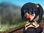   &gt;_&lt; black_hair blush closed_eyes japan_railways personification railroad smoke train  