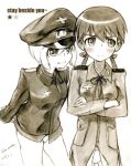  blush erica_hartmann gertrud_barkhorn highres kisetsu monochrome multiple_girls sepia sketch strike_witches traditional_media 