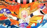  armpits blonde_hair detached_sleeves fan fish flower fox_ears goldfish happy japanese_clothes kimono long_hair mosho water 