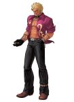  1boy abs belt black_gloves blonde_hair boots bracelet brown_footwear choker collared_shirt cowboy_boots earrings eisuke_ogura full_body gloves hand_in_pocket highres holding holding_food jeans jewelry king_of_fighters king_of_fighters_xii kof_12 leather_boots male muscle necklace official_art ogura_eisuke open_clothes open_shirt shen_woo shirt simple_background snk solo spiked_hair standing tattoo toned toned_male walnut_(food) white_background 