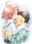  bed closed_eyes hug kiss kogami_akira lucky_star open_mouth pajamas pink_hair shiraishi_minoru short_hair translation_request ubizo 