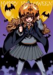  1girl bats blush brown_hair halloween harry_potter hermione_granger jack-o&#039;-lantern jack-o-lantern long_hair moon pantyhose pumpkin pumpkins takanashi_ringo wand 