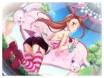  1girl animal_ears ass bare_shoulders blush brown_hair bunny_girl bunny_tail fake_animal_ears garter_straps idolmaster long_hair looking_at_viewer looking_back minase_iori nanaran necktie pink_eyes pink_legwear rabbit rabbit_ears shorts solo striped striped_legwear tail thigh-highs wink wrist_cuffs 