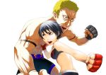  black_hair blonde_hair boxing fingerless_gloves gloves highres orange_hair original punch punching purple_eyes short_hair shorts sports_bra violet_eyes yoshihiro 