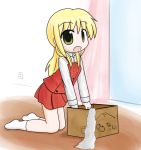  aoba_(pixiv191103) bad_id blonde_hair box cardboard_box hidamari_sketch kneeling miyako school_uniform yellow_eyes 