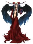  arm_up black_wings breasts claws cleavage dissidia_final_fantasy dress final_fantasy final_fantasy_viii ftd grey_hair horns long_hair navel no_bra red_dress silver_hair solo tattoo ultimecia wings 