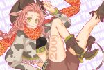  animal_ears bad_id belt bike_shorts boots braid cow cow_ears cow_girl cow_print cowboy cowboy_boots cowboy_hat cowgirl fringe green_eyes hat horns new_year osamu_(jagabata) pink_hair scarf smirk tail twin_braids western 