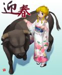  arrow bad_id blonde_hair blue_eyes bull hamaya highres japanese_clothes kimono nagian new_year sandals smile tabi 