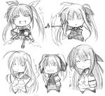  chibi fate_testarossa ginga_nakajima hagane_soushi kagura_soushi long_hair mahou_shoujo_lyrical_nanoha mahou_shoujo_lyrical_nanoha_strikers monochrome raising_heart reinforce_zwei ribbon ribbons sketch takamachi_nanoha teana_lanster twintails very_long_hair 