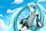  aqua_hair bad_id cloud clouds detached_sleeves hatsune_miku kaname_(pixiv85395) kaname_ihnk long_hair necktie skirt sky thighhighs twintails vocaloid wink 