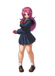  1girl brown_footwear brown_shoes clenched_hands closed_mouth curvy eisuke_ogura fingerless_gloves full_body gloves hairband highres king_of_fighters king_of_fighters_xii kof_12 loafers long_hair long_sleeves official_art ogura_eisuke pink_hair pleated_skirt purple_eyes red_gloves sailor_collar sailor_shirt school_uniform serafuku shirt shoes simple_background skirt snk socks solo standing white_background white_legwear yellow_hairband 
